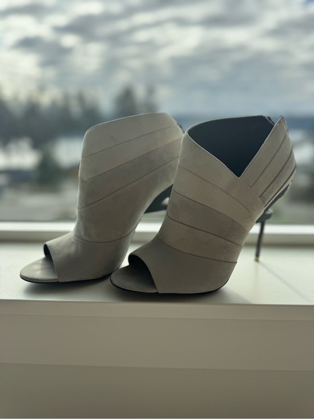 L.A.M.B. Light Gray Peep-Toe Suede Ankle Booties